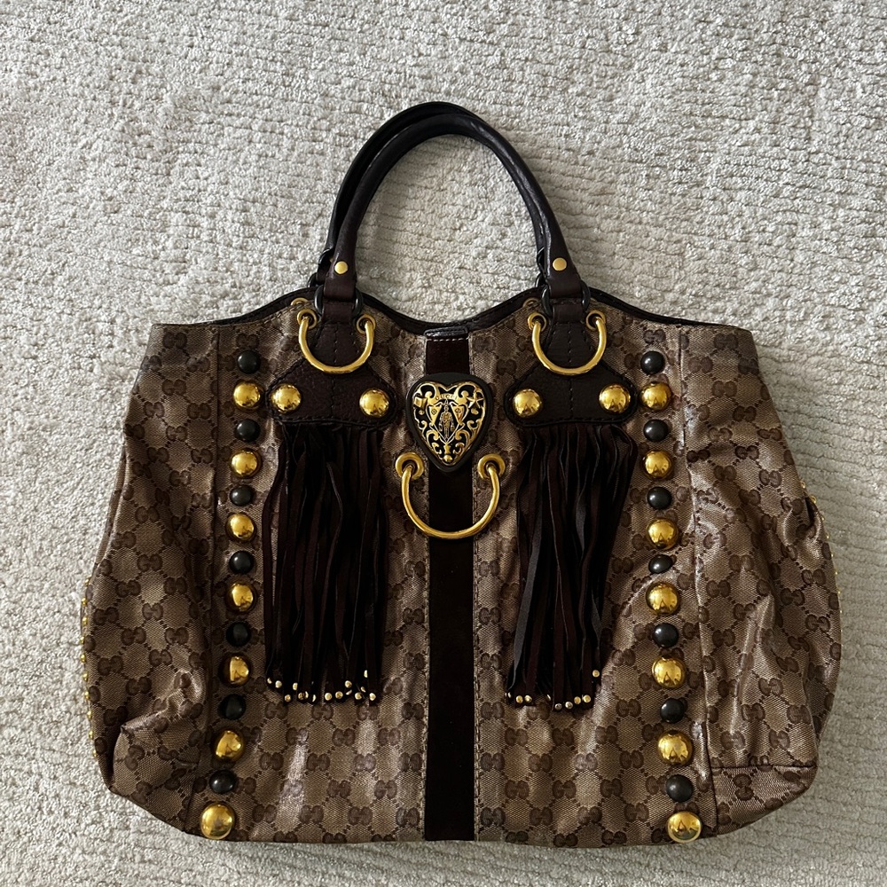 Gucci Babouska Brown Tote Bag with Gold Studs – Authentic Designer